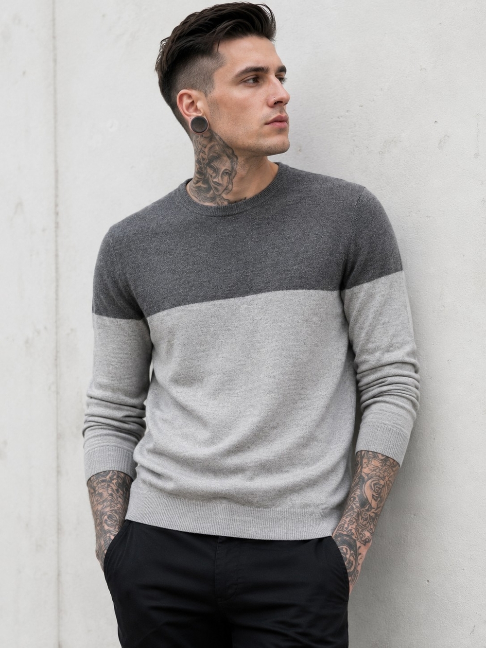Express Two-Tone Gray Crewneck Sweater